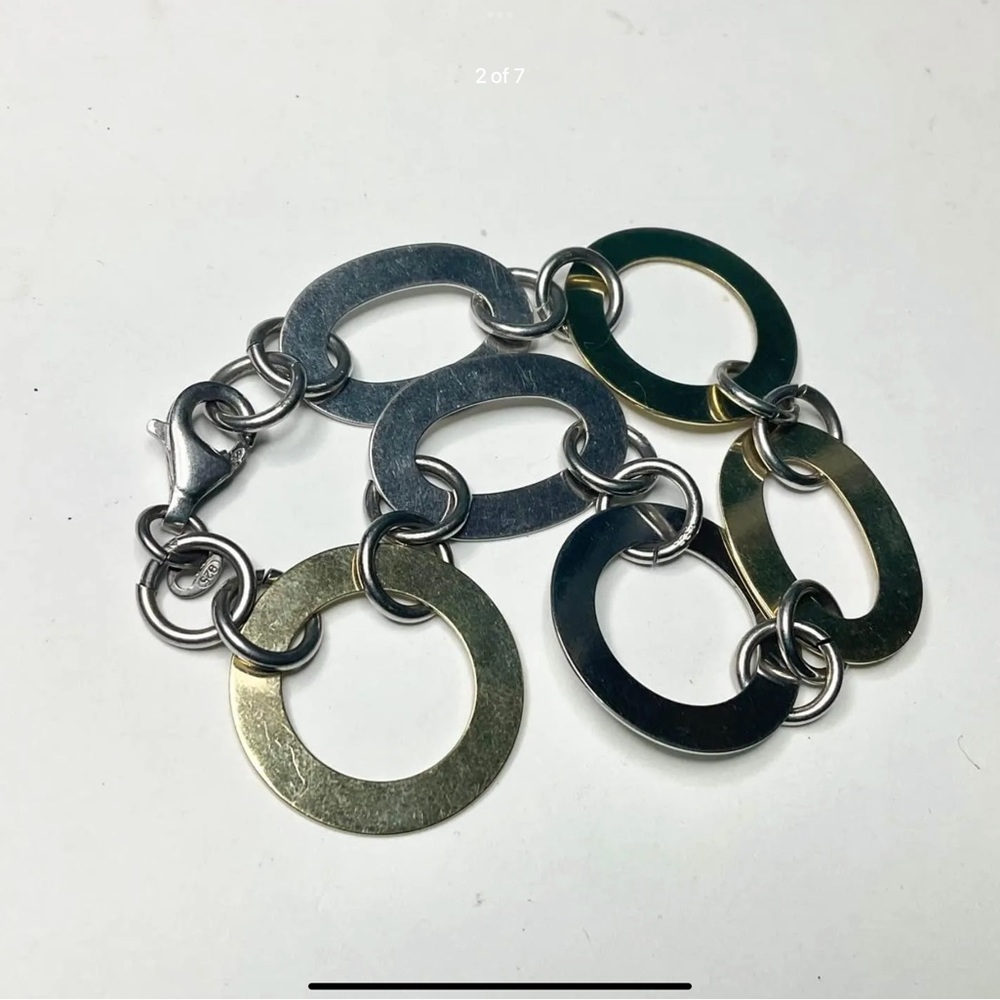 Sterling Silver Italy Large Flat Links Bracelet 7.5” 2Tone Silver